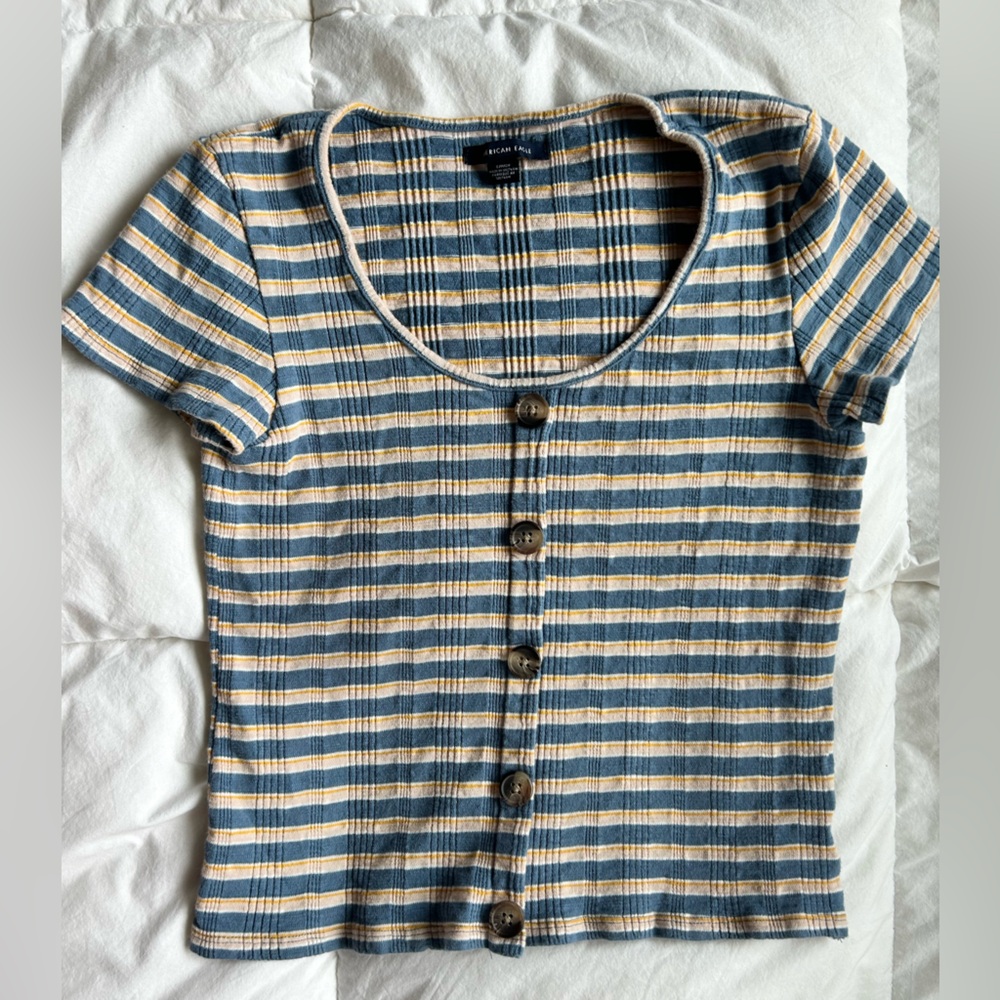American Eagle Outfitters Blue and Cream Striped Short Sleeve Babydoll Tee